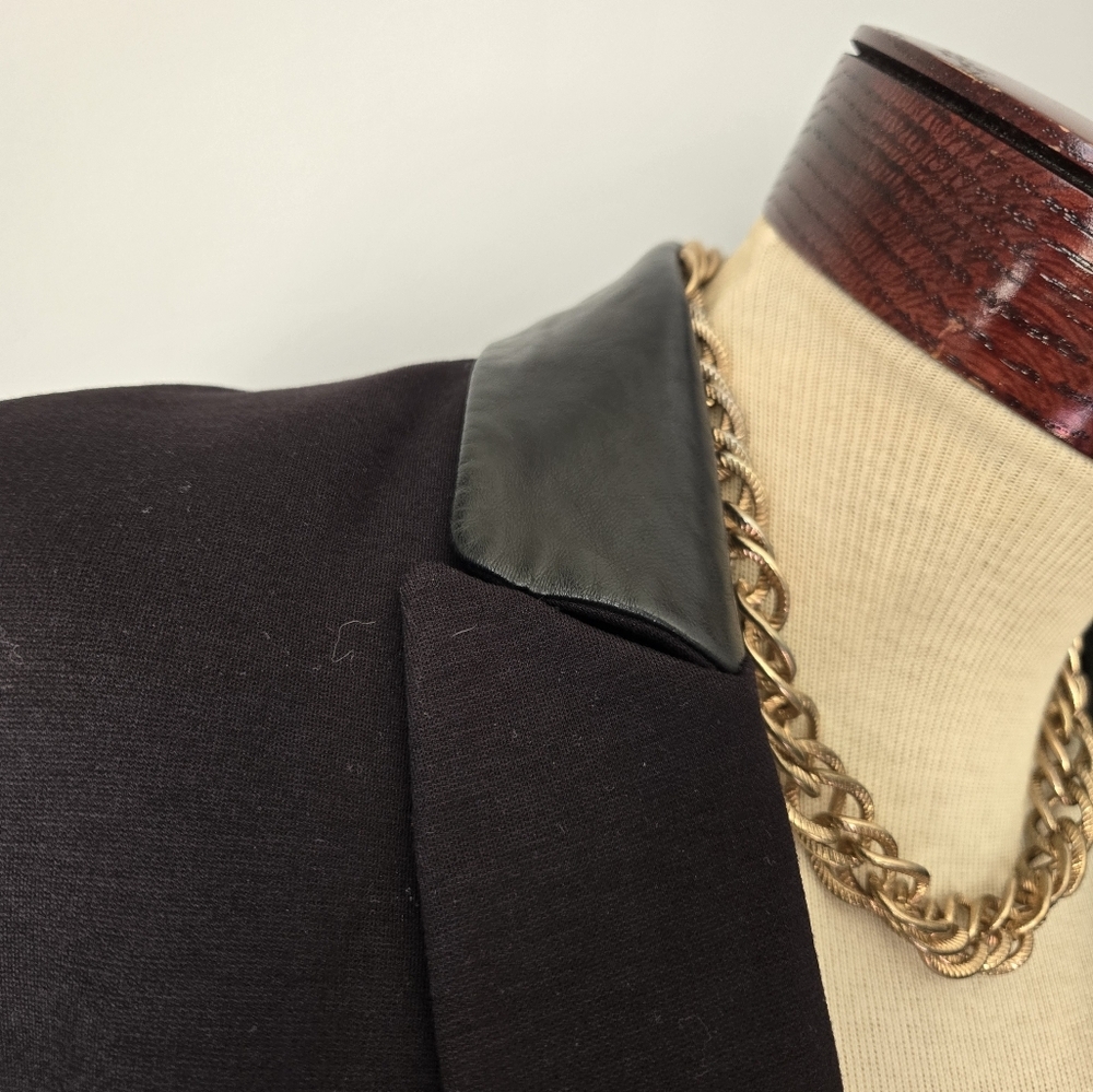 GUESS BY MARCIANO Black Fitted Blazer with Genuine Leather Sleeves, Back Ruffle. - Picture 9 of 15